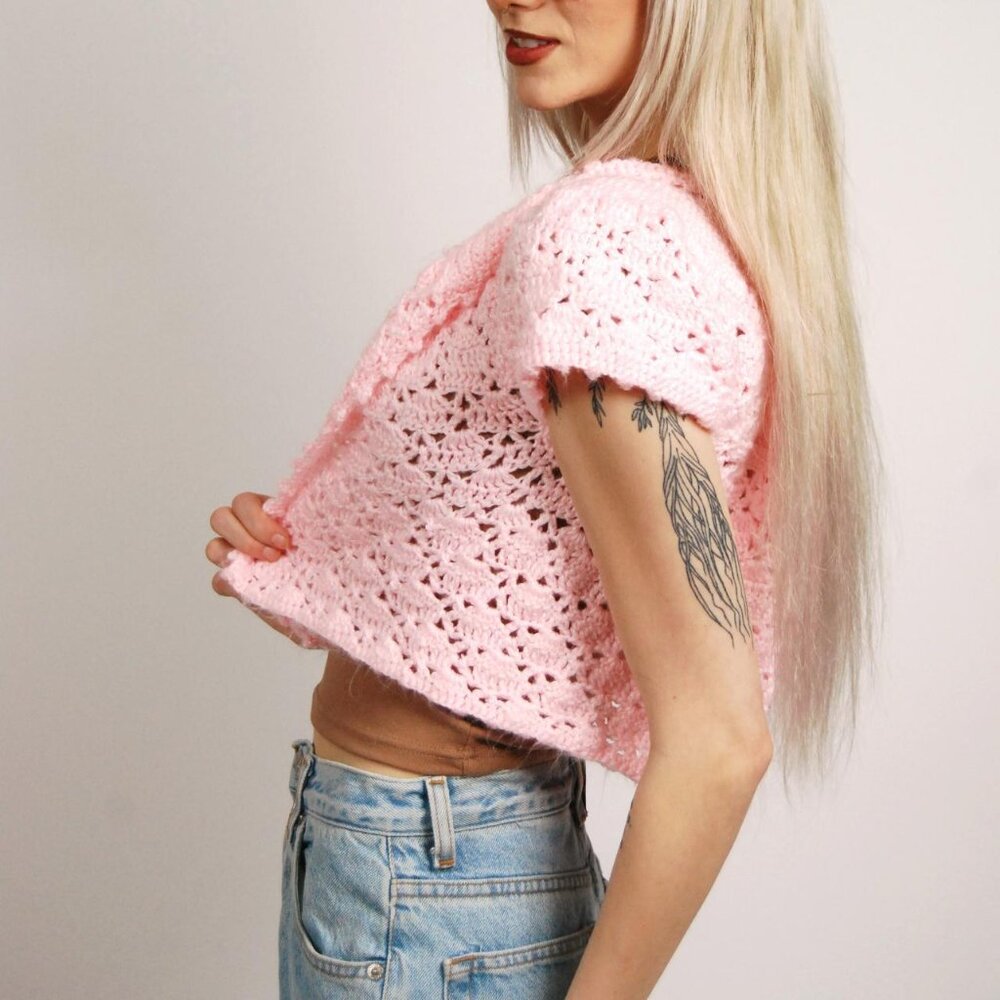 Vintage Crochet Cardigan (XS-M) baby pink open top - Picture 6 of 8